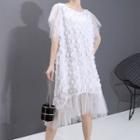 Mesh-sleeve Dot Applique Midi A-line Dress