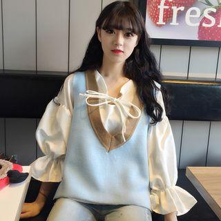 Flare Sleeve Blouse / Knit Vest