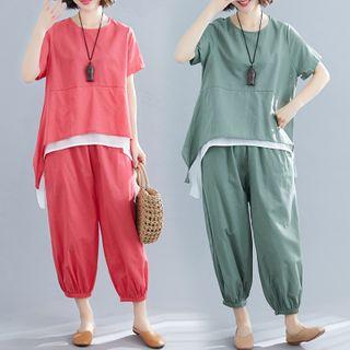 Set : Color Block Mock Two-piece Top + Saruel Pants