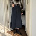 Striped Collared Long-sleeve Knit Top / Denim Midi A-line Skirt
