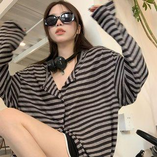 Long-sleeve Round-neck Striped T-shirt Coffee - One Size
