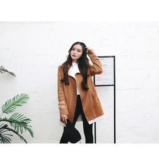 Faux-suede Fleece-lined Long Zip Jacket