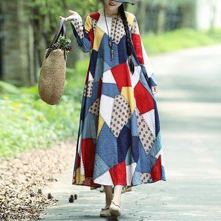 Long-sleeve Patterned Maxi A-line Dress