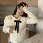 Collared Tie Neck Long-sleeve Plain Knit Top As Shown In Figure - One Size