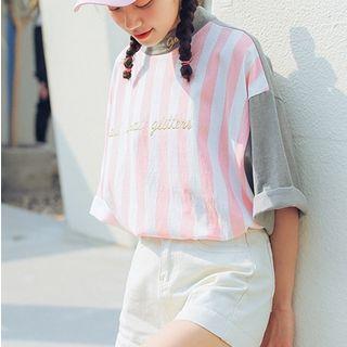 Elbow-sleeve Color Block Top