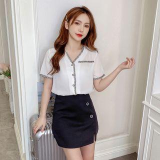Short-sleeve Faux Pearl Button-up Top