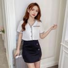 Short-sleeve Faux Pearl Button-up Top