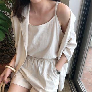 Elbow-sleeve Single Breasted Blazer / Spaghetti Strap Top / Shorts Set - Blazer & Top & Shorts - White - One Size