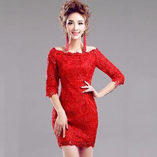 Elbow-sleeve Lace Sheath Cocktail Dress