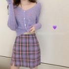 Pointelle Knit Cropped Cardigan / Plaid Mini A-line Skirt