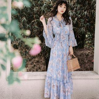 Floral Print Bell-sleeve Maxi A-line Dress