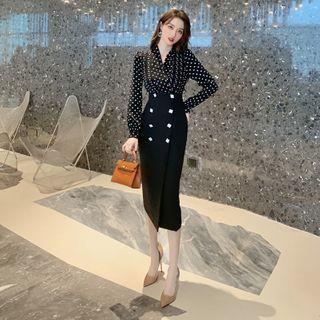 Dotted Panel Long-sleeve Midi Sheath Dress