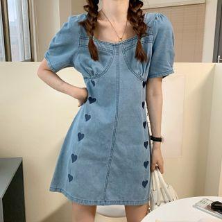 Puff-sleeve Heart Embroidered Denim Mini A-line Dress