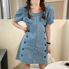 Puff-sleeve Heart Embroidered Denim Mini A-line Dress