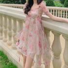 Balloon-sleeve Floral Print Organza Dress