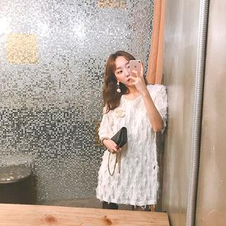 Short-sleeve Fringed Mini Shift Dress