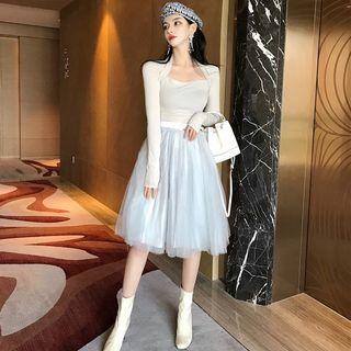 Plain Long-sleeve Knit Top/ Mesh-overlay A-line Skirt