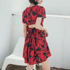 Short-sleeve Cut Out Floral Print Mini A-line Dress