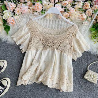 Crochet-knit Panel V-neck Short-sleeve Blouse Almond - One Size