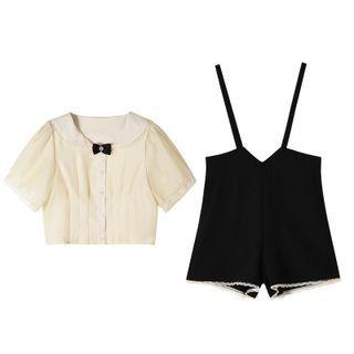 Collar Short Sleeve Shirt / Lace Trim Jumper Shorts