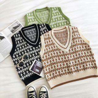 Color-block Plaid V-neck Sleeveless Knit Vest