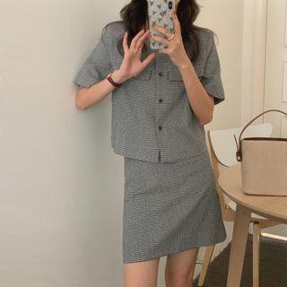 Short-sleeve Plaid Jacket / Mini Pencil Skirt