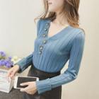 V-neck Button Detail Long-sleeve Knit Top
