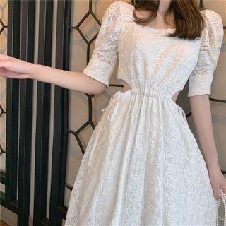 Lace Square-neck Puff-sleeve Midi Dress