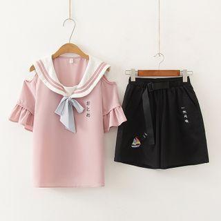 Set: Short-sleeve Embroidered Cold Shoulder Sailor Collar Top + Wide-leg Shorts