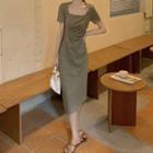 Short-sleeve Twist-front Midi Sheath Dress