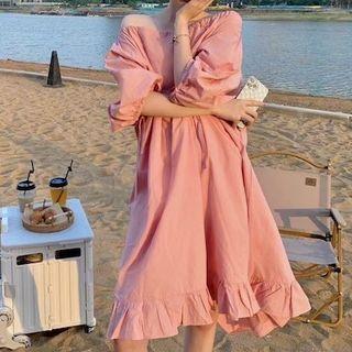 Elbow-sleeve Off-shoulder Frill Trim A-line Dress