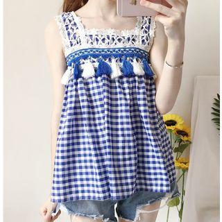 Tasseled Plaid Sleeveless Top Blue - One Size