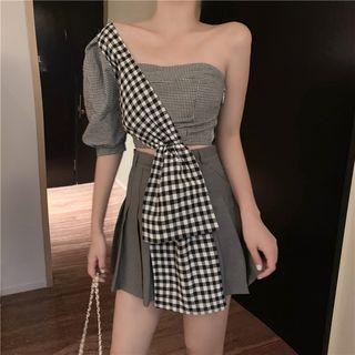 Single Elbow-sleeve Plaid Top
