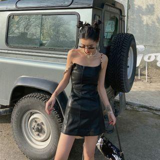 Faux Leather Chained Strap Mini Dress