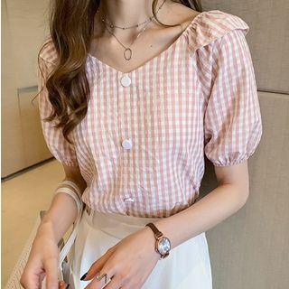 Elbow-sleeve Buttoned Plaid Top