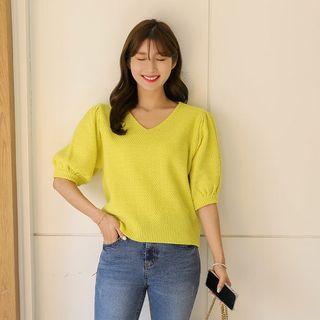 V-neck Puff-sleeve Waffle-knit Top