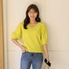 V-neck Puff-sleeve Waffle-knit Top