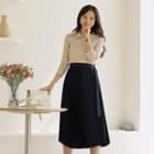 Accordion-pleat Mock Two-piece Dress With Belt