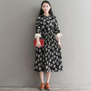 Long-sleeve Floral Shirred Shirtdress