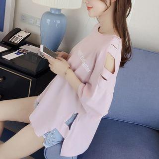 Lettering Cut Out Detail Elbow Sleeve T-shirt