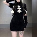 Short-sleeve Turtleneck Knit Mini Sheath Dress Black - One Size