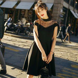Embellished Mesh Panel Short-sleeve A-line Dress