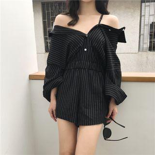 Long-sleeve Cold Shoulder Striped Playsuit