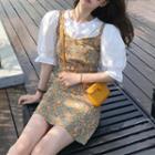 Puff-sleeve Plain Blouse / Floral Mini Overall Dress / Set