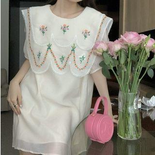 Short-sleeve Floral Embroidered A-line Dress Off-white - One Size