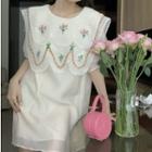 Short-sleeve Floral Embroidered A-line Dress Off-white - One Size