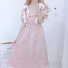 Short-sleeve Open Shoulder Ruffle Gingham A-line Dress