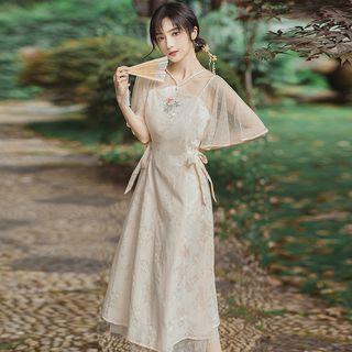 Flutter-sleeve Embroidered A-line Midi Dress