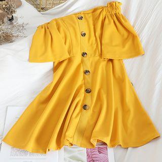 Buttoned Off-shoulder Mini A-line Dress