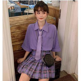 3/4-sleeve Shirt / Plaid A-line Mini Skirt